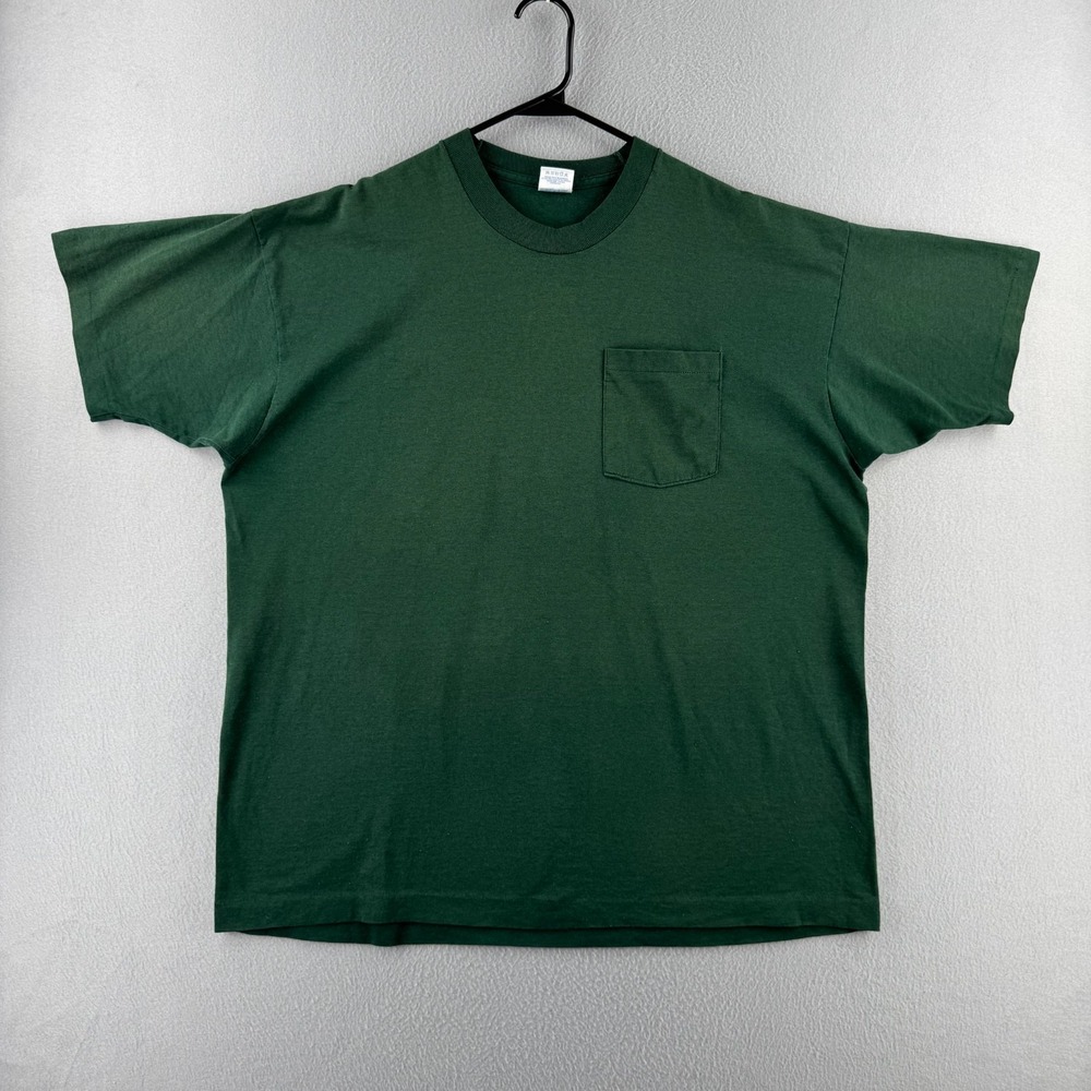 Vintage BVD T Shirt Mens 2XL Green Blank Selvedge Pocket Tee USA Single Stitch